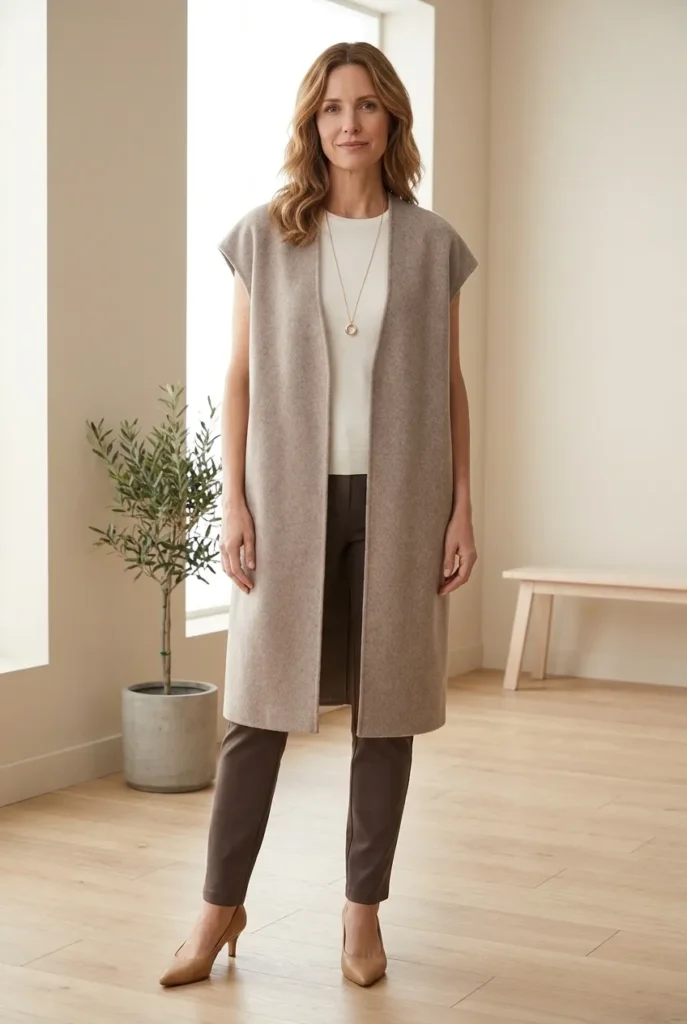 Long necklace deepening the line — soft taupe vest coat 