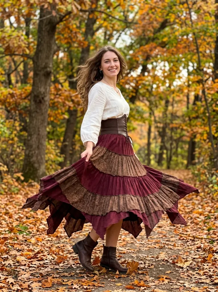 A Long Tiered Skirt in Brown or Burgundy
