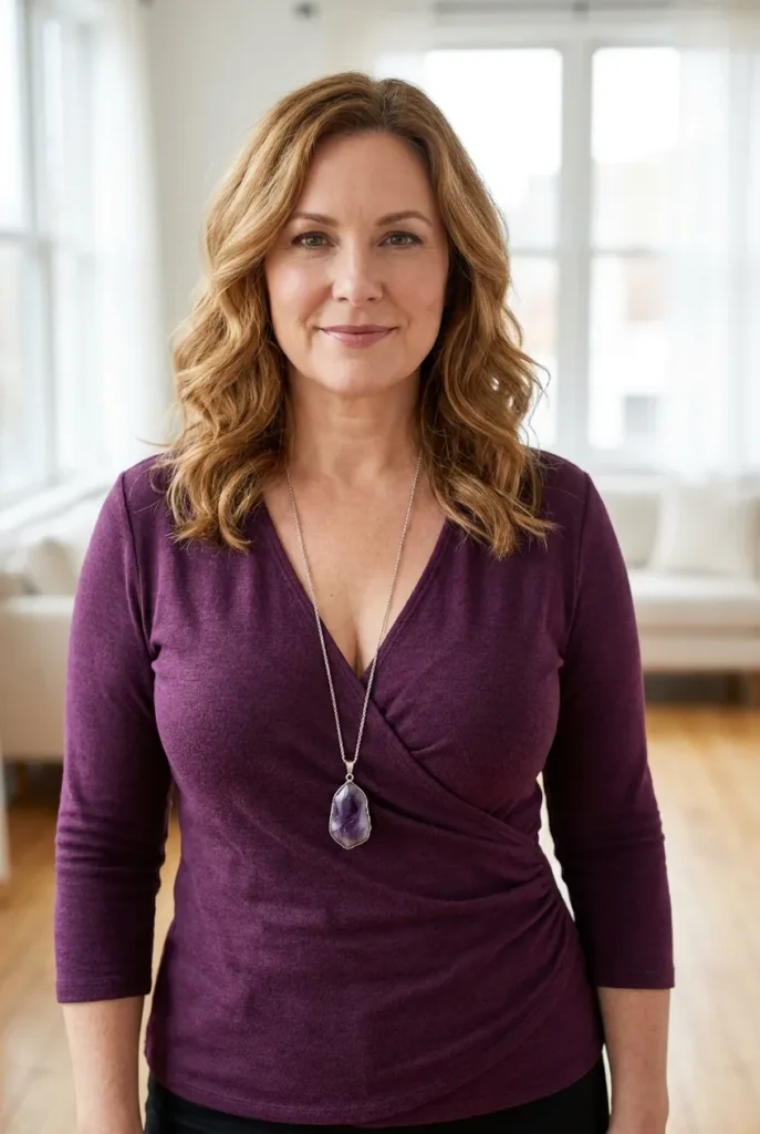 Long vertical necklace — plum purple top