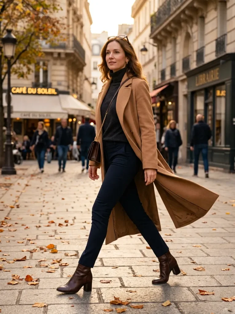 A Long Wool Coat Over Slim Trousers and Boots