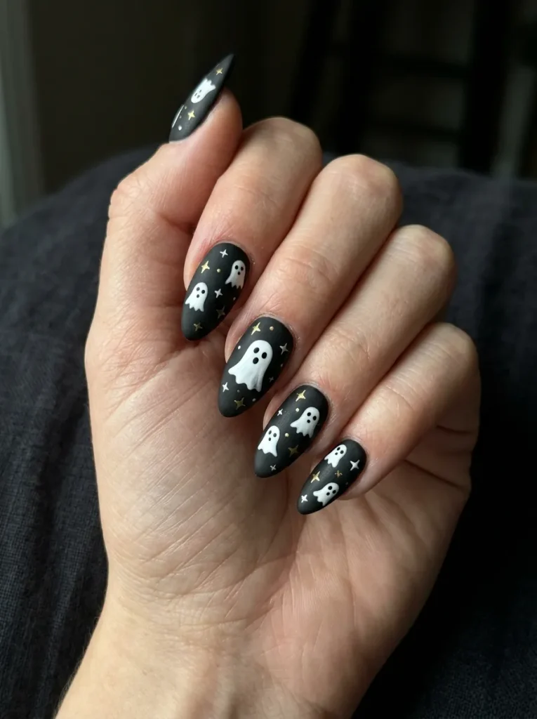 Matte Black Ghost-and-Star Nails