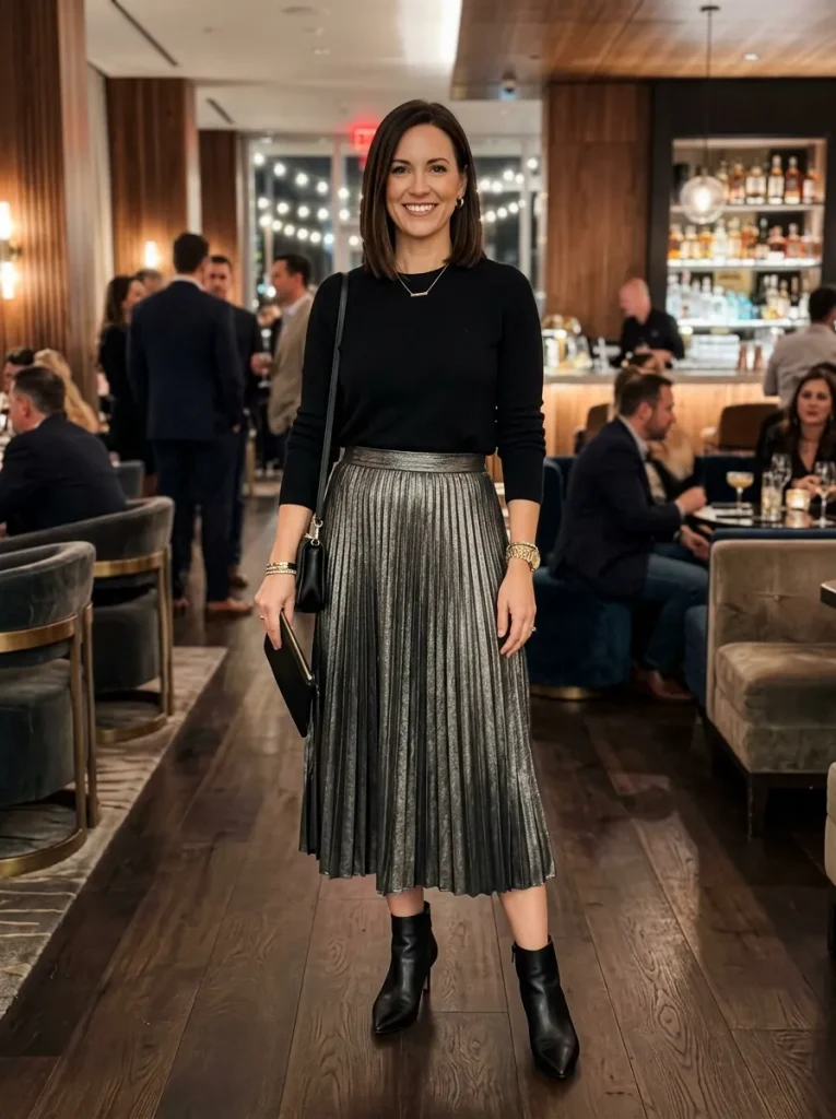 Metallic Midi Skirt & Cashmere Crewneck