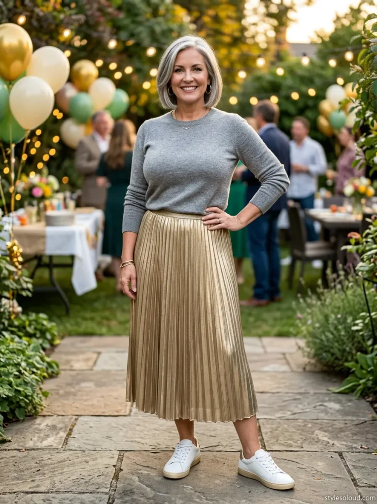  Metallic Pleated Slip Skirt and Cashmere Sweater