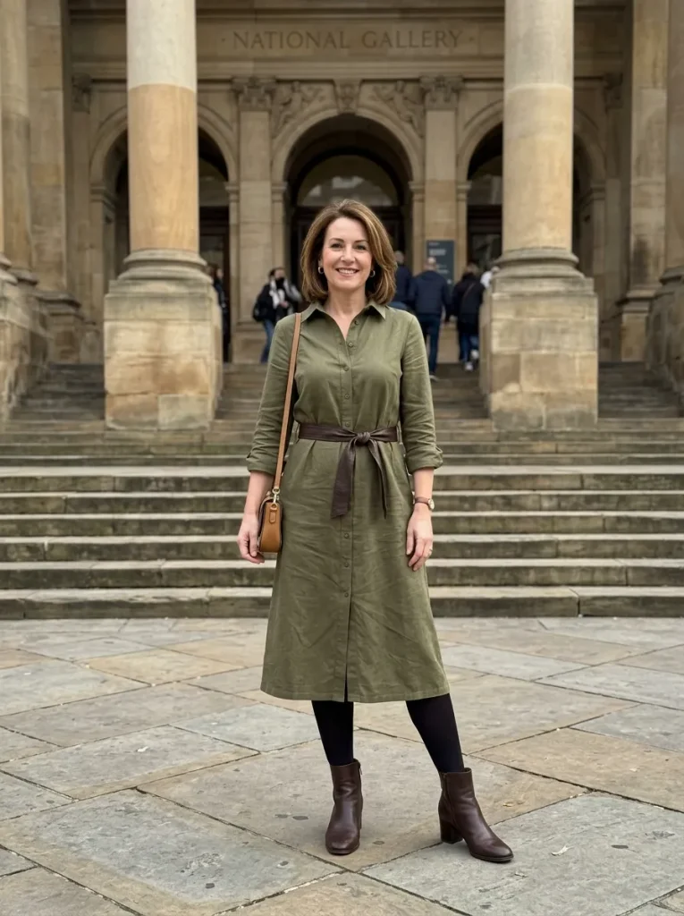 A Midi Shirt Dress With a Belt and Boots