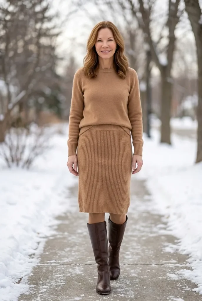 Midi skirt with tights and boots — camel skirt, brown tonal boots Winter Outfits for women over 40
