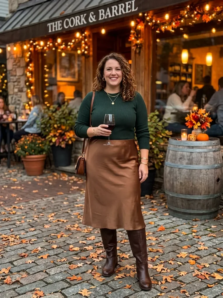 A Midi Slip Skirt With a Fitted Knit and Boots