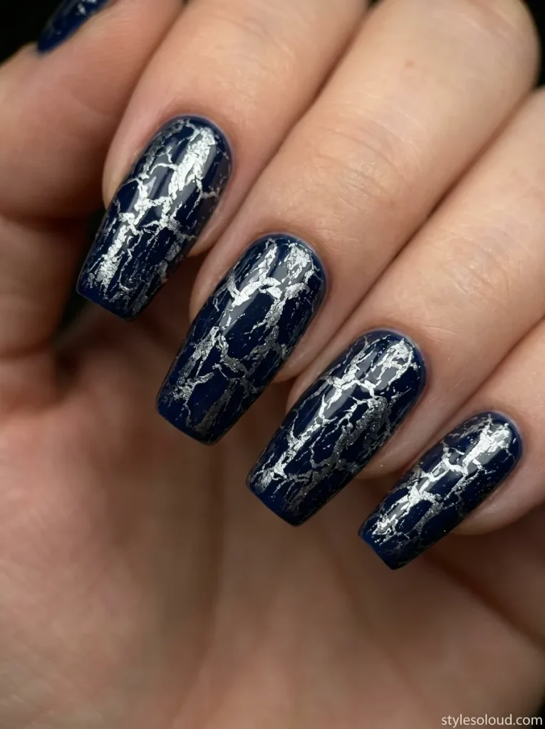 Midnight Blue with Distressed Silver Crackle Top Coat
