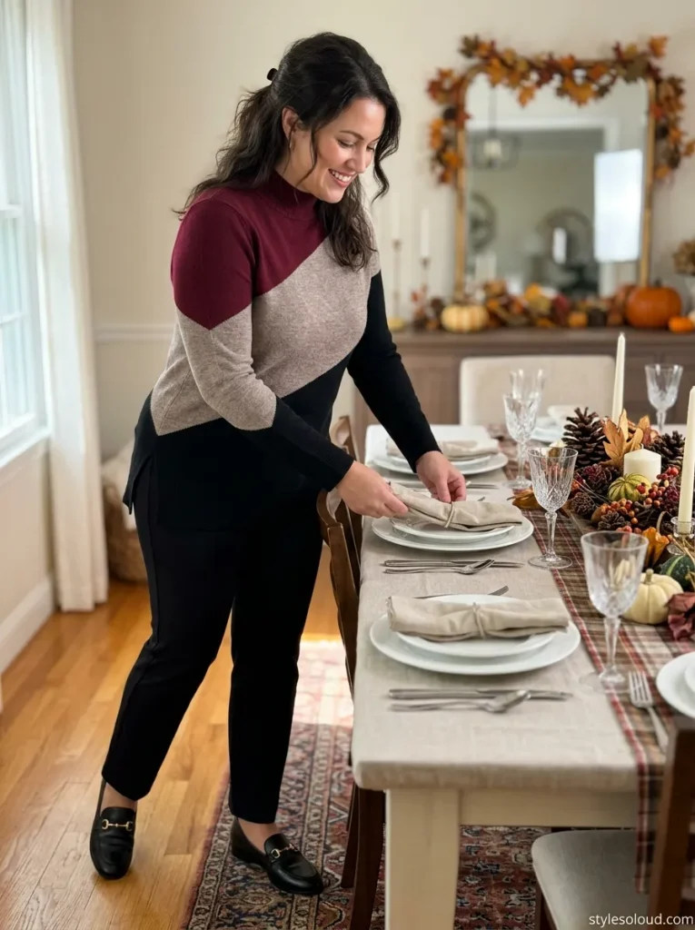  Mock-Neck Colorblock Tunic with Pull-On Slim-Leg