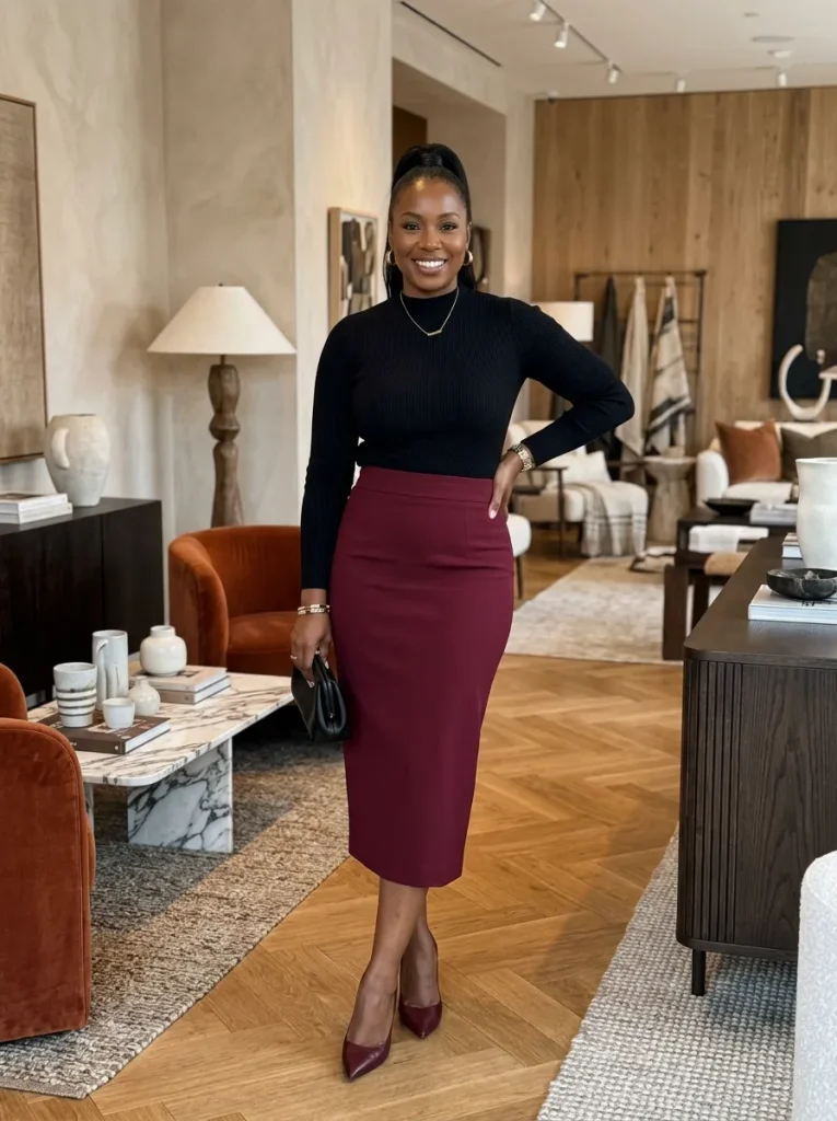 Mock Neck Top & Midi Pencil Skirt