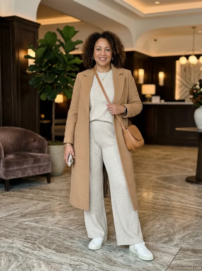 Monochrome Oatmeal Knit Matching Set with a Longline Coat
