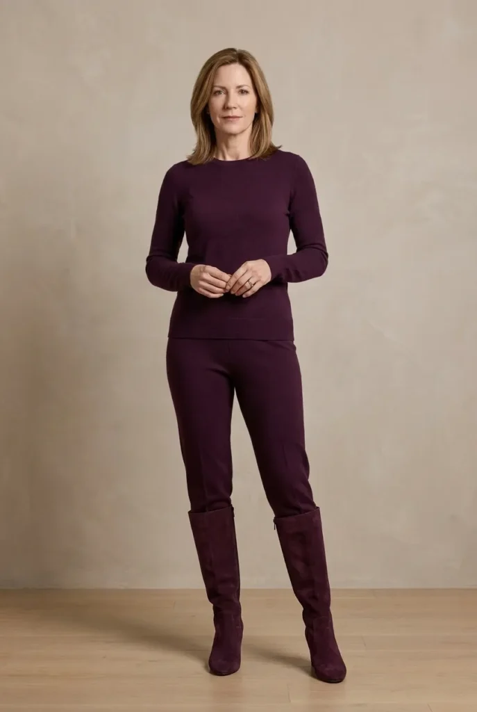 Monochrome — head-to-toe deep plum Winter Outfits for women over 40