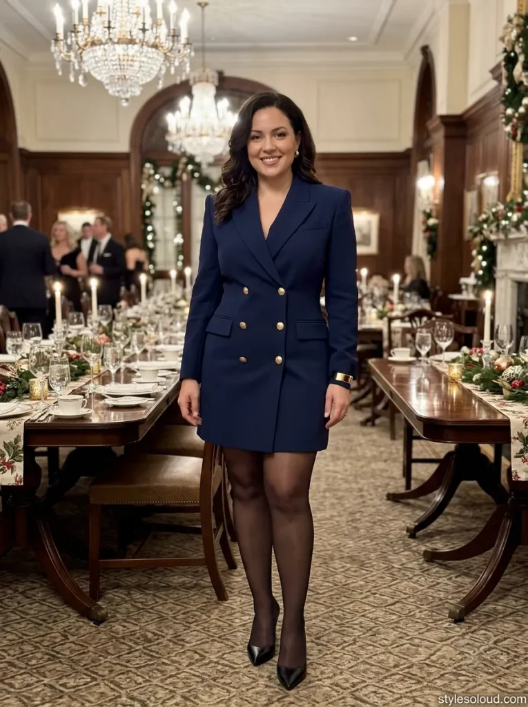 Deep Navy Double-Breasted Blazer Dress with Sheer Tights & Pointed-Toe Pumps