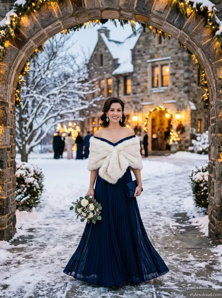 Navy Pleated Chiffon & Faux Fur