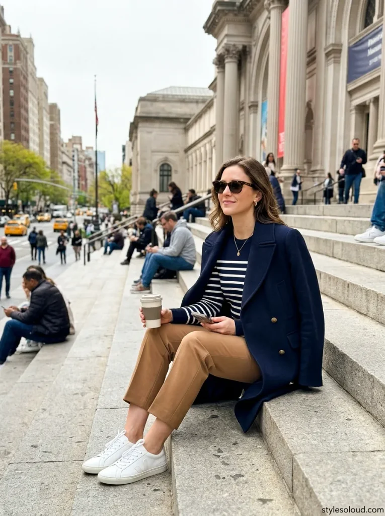 Navy Wool Coat & Leather Sneakers