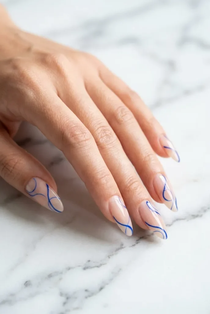 Negative space blue swirls Nails art