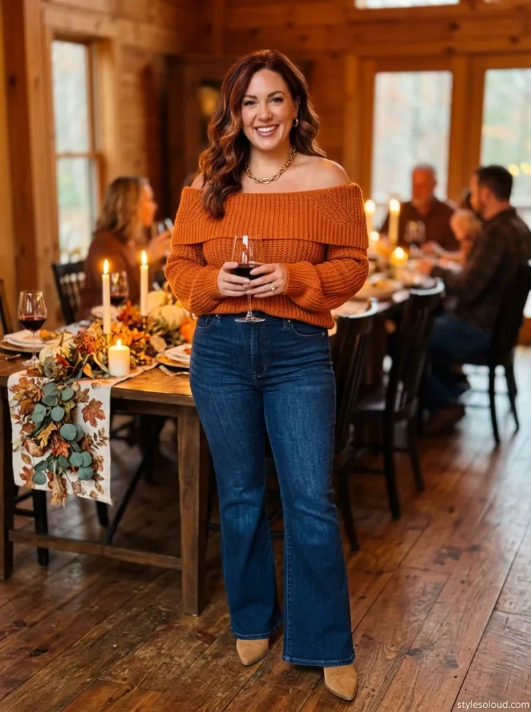 Off-Shoulder Knit & Flare Jeans