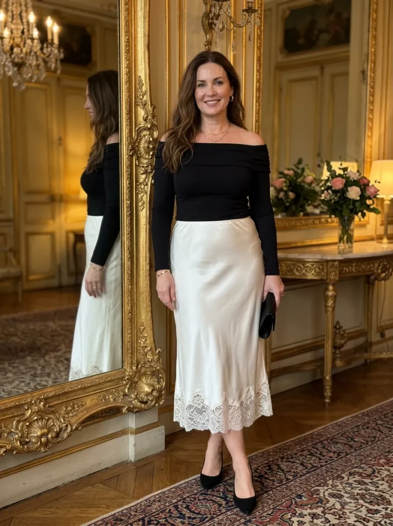 Off-The-Shoulder Black Top & Ivory Skirt