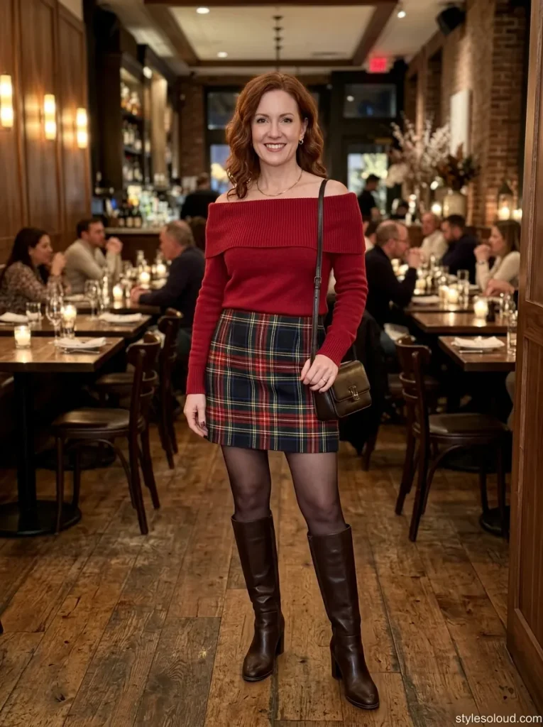 Off-the-Shoulder Cherry Red Knit & Plaid Mini Skirt