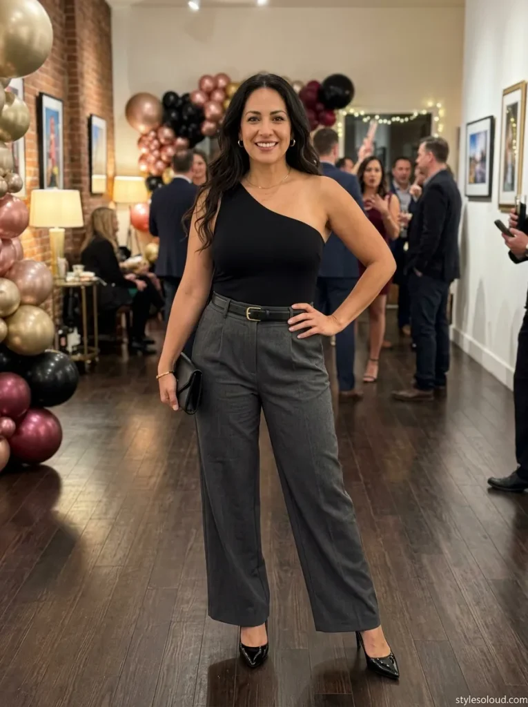  One-Shoulder Bodysuit and High-Waisted Wide-Leg Trousers