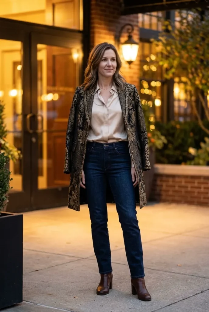 One elevated piece — champagne silk blouse under a coat Winter Outfits for women over 40