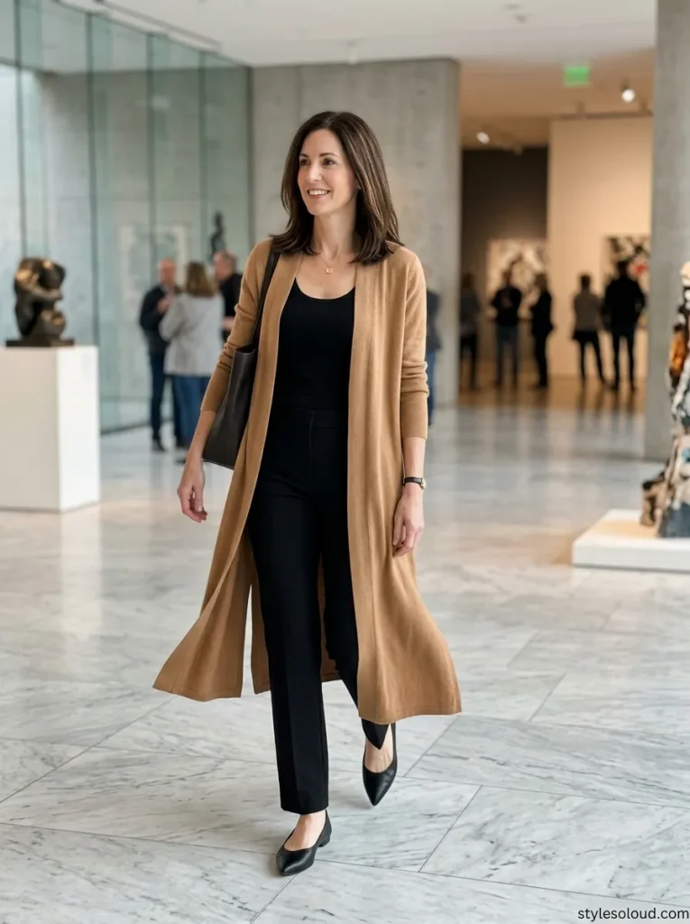 Open-Front Duster Cardigan over an All-Black Base