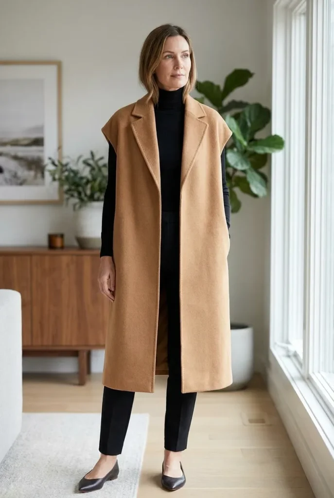 Open over a slim base — camel vest coat