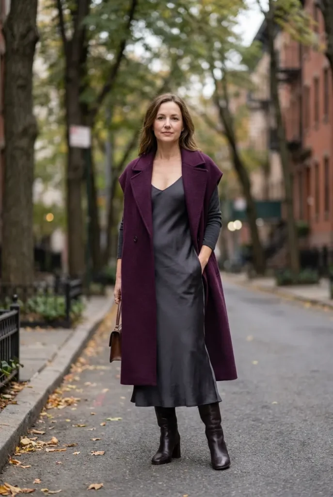 Over a slip or midi dress — plum purple vest coat 