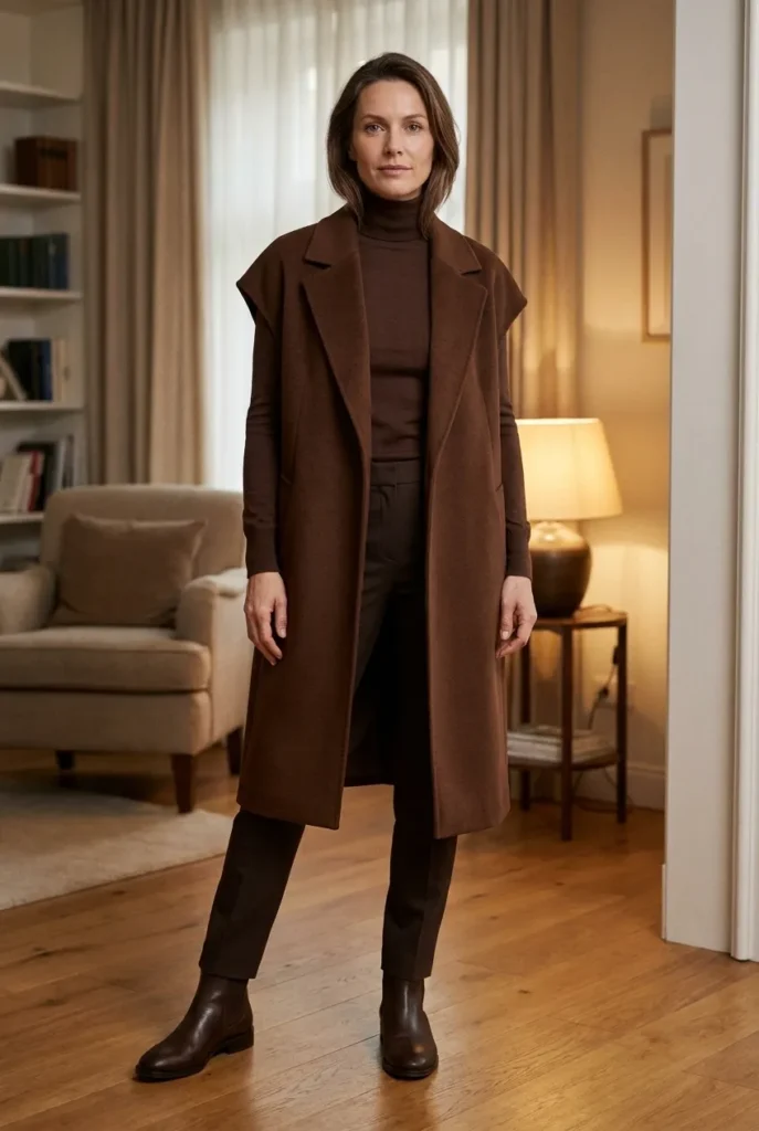 Over a turtleneck — chocolate brown vest coat