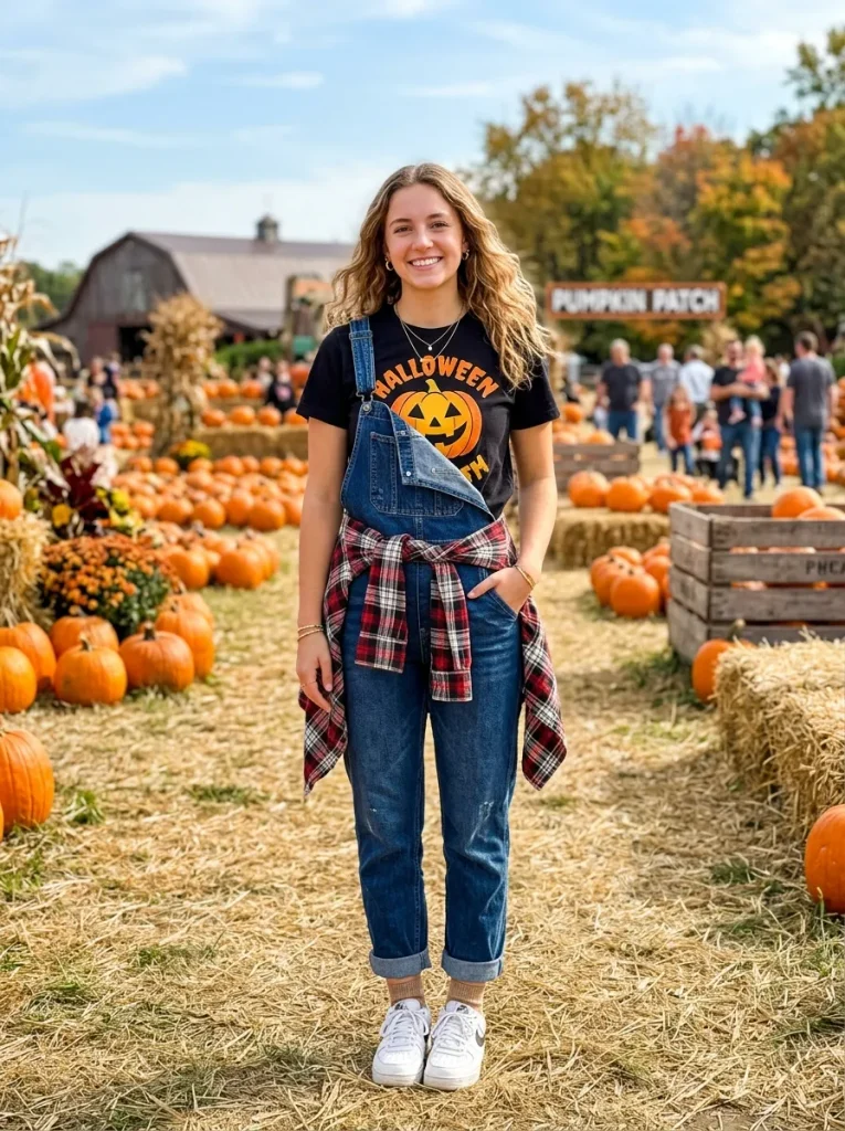Overalls Over a Halloween Graphic Tee