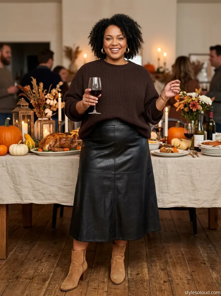 Oversized Batwing Knit Sweater French-Tucked into an A-Line Faux-Leather Midi Skirt
