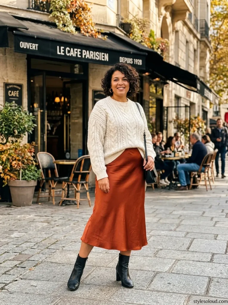 Oversized Cable-Knit Sweater & Satin Slip Midi Skirt