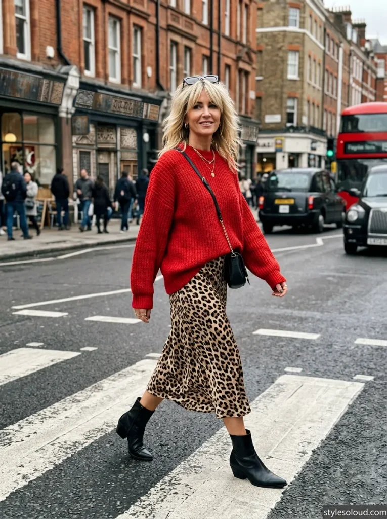  Oversized Red Knit & Leopard Print Midi Skirt