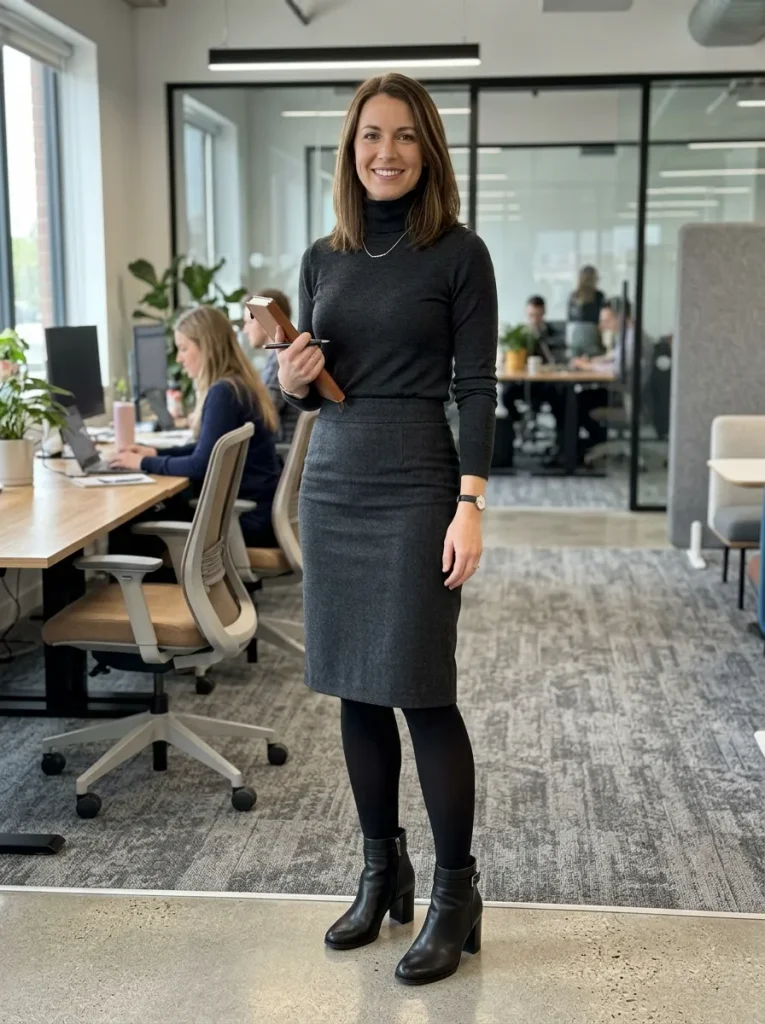 A Pencil Skirt With Heeled Ankle Boots for Work