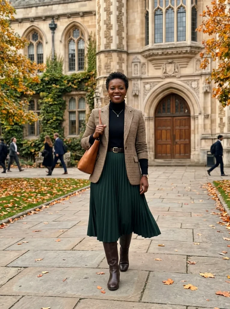 Plaid Blazer & Pleated Midi Skirt