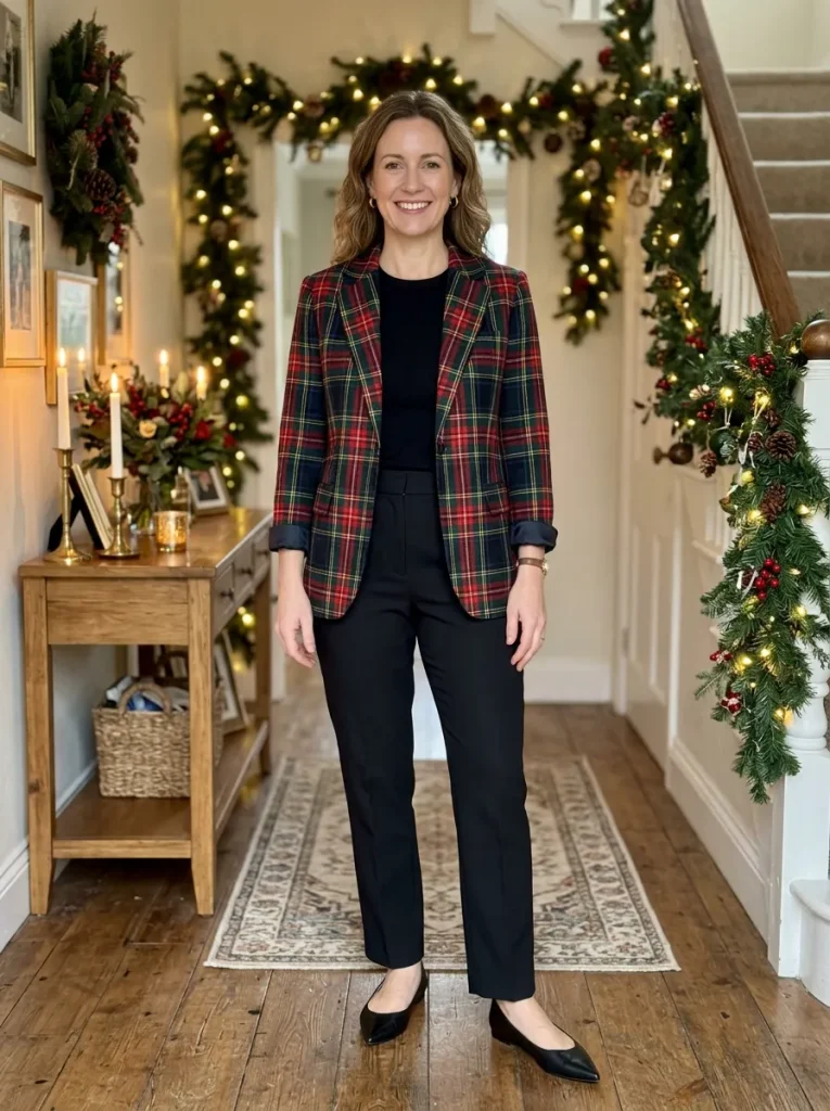 A Plaid Blazer With Black Trousers