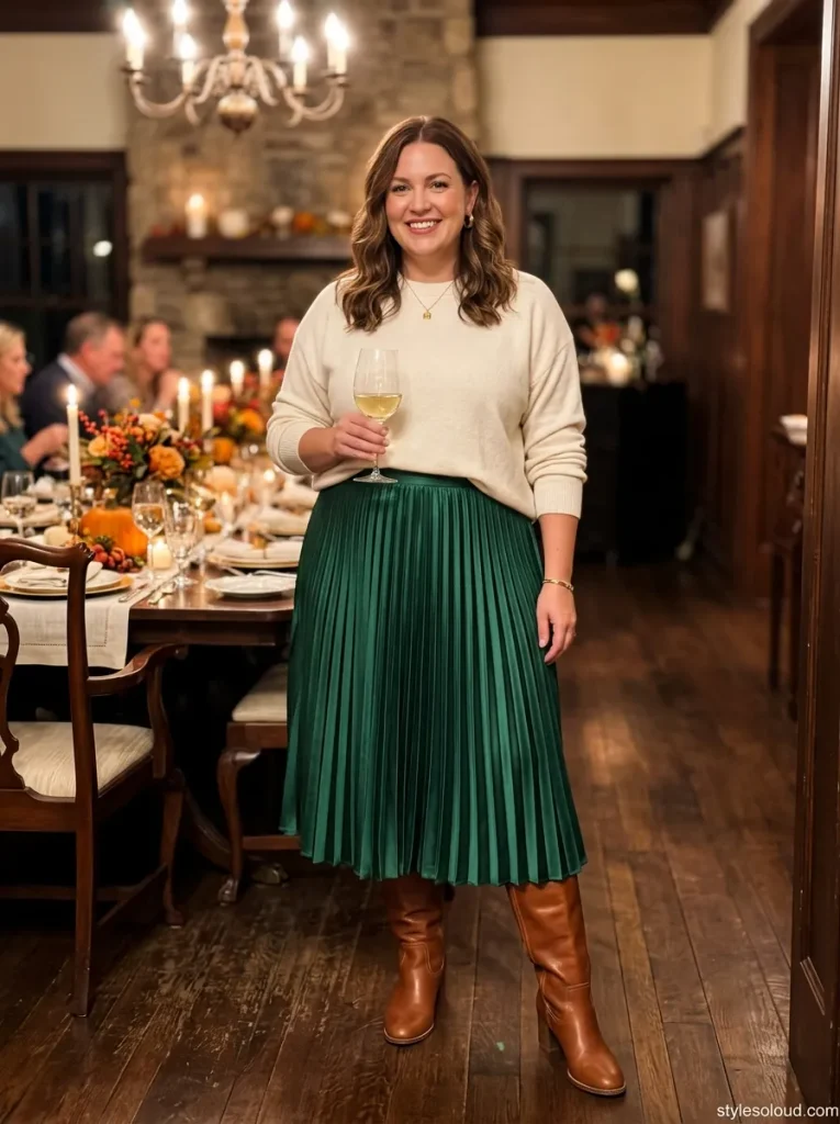 Pleated Emerald Satin Midi Skirt