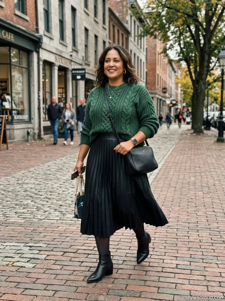 Pleated Faux-Leather Skirt with a French-Tucked Fisherman Knit