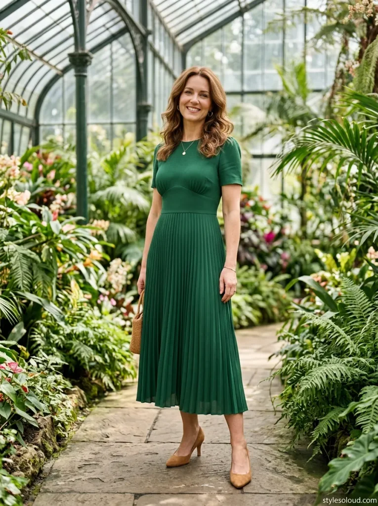 Pleated Midi Dress with a Curved Empire Waistband