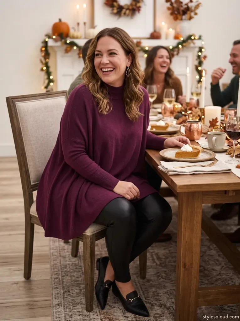 Plum Mock-Neck Trapeze Tunic with High-Rise Black Faux-Leather Leggings & Pointed Loafers