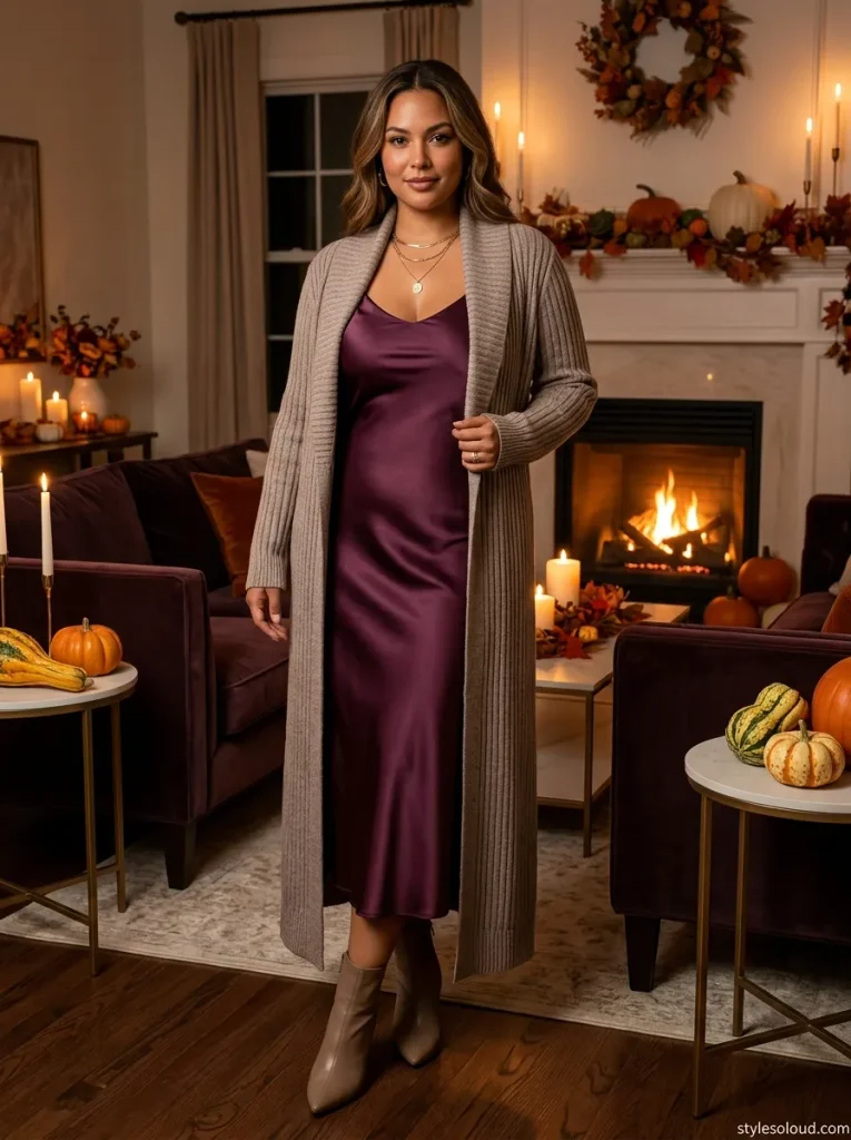 Plum Satin Slip Dress Layered under a Shawl-Collar Longline Knit Duster Cardigan
