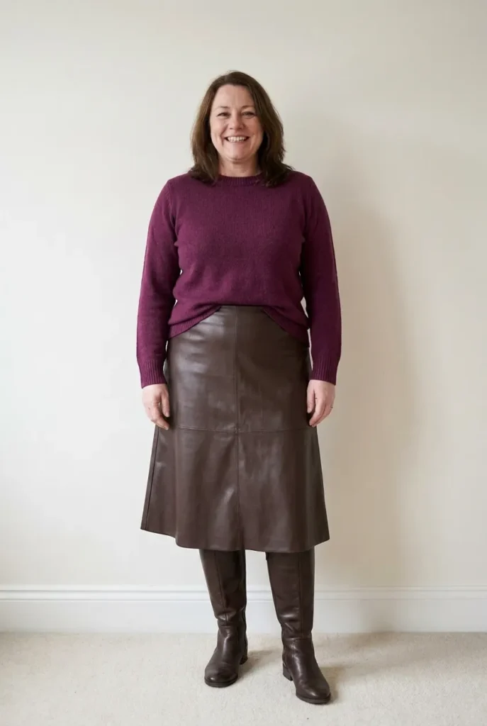 Plum Sweater and Faux-Leather Midi Skirt