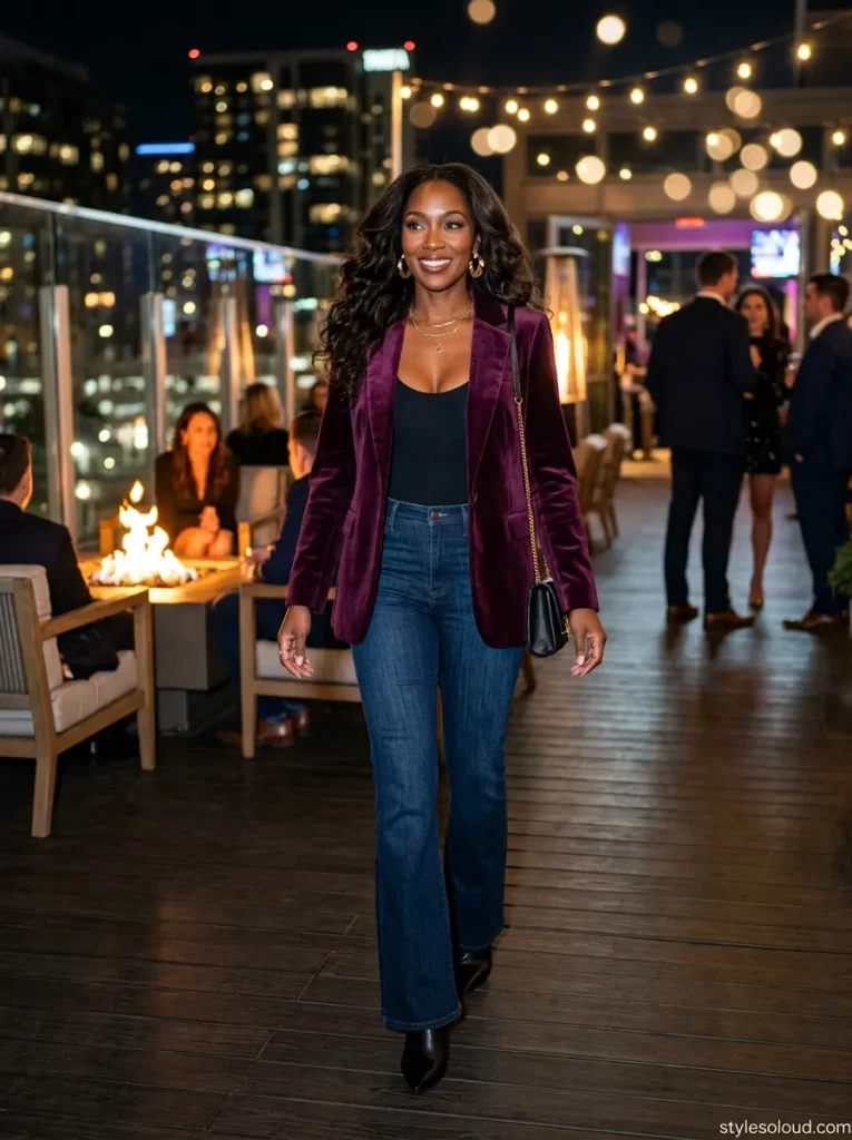 Plum Velvet Blazer & Dark Flare Denim