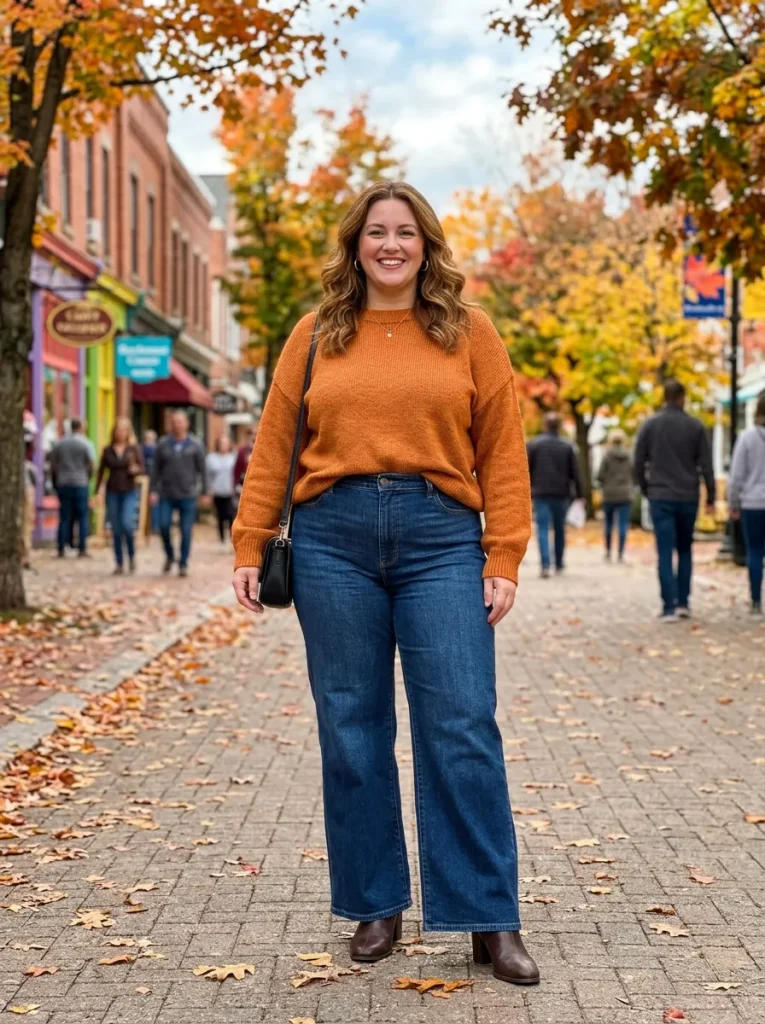 A Plus-Size Pumpkin Sweater With Wide-Leg Jeans
