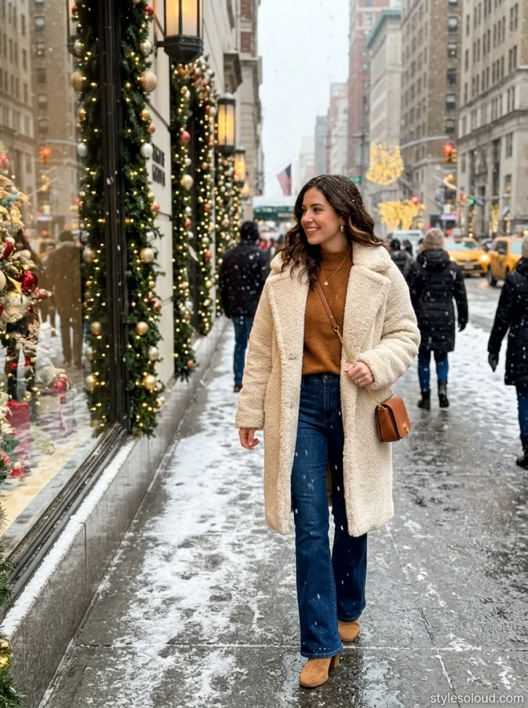 Plush Teddy Coat & Flare Denim