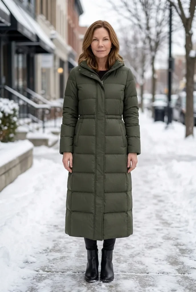Polished puffer — deep olive green Winter Outfits for women over 40