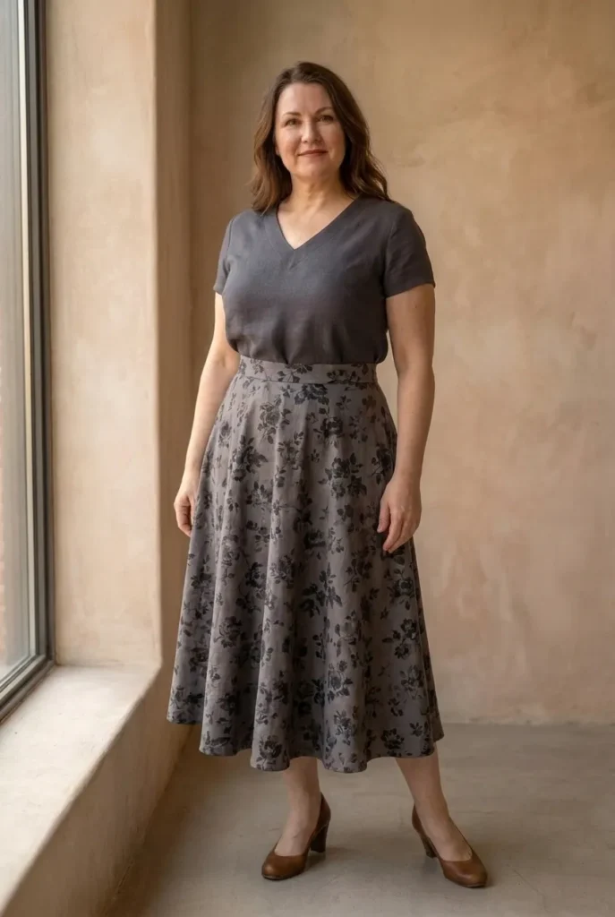 Print and color on the bottom — solid charcoal top, patterned skirt