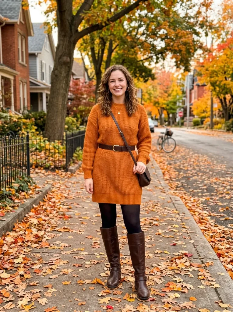 A Pumpkin-Orange Sweater Dress With Tights and Boots