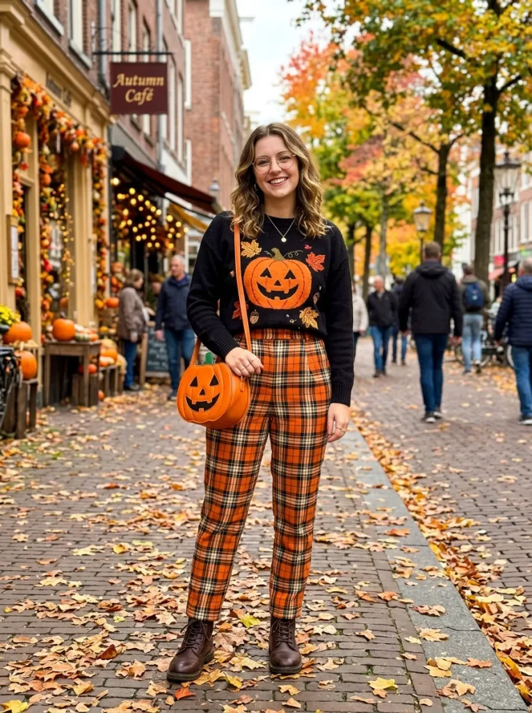 A Pumpkin Graphic Sweater With Orange Plaid Pants