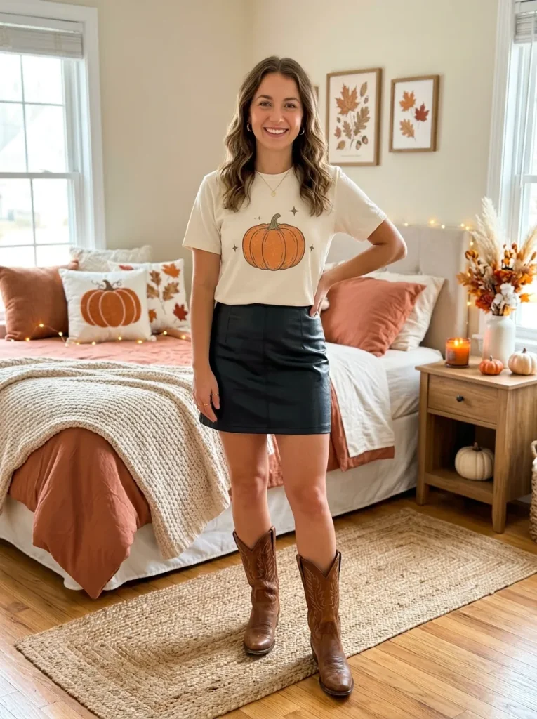 A Pumpkin Tee, Leather Mini, and Cowboy Boots