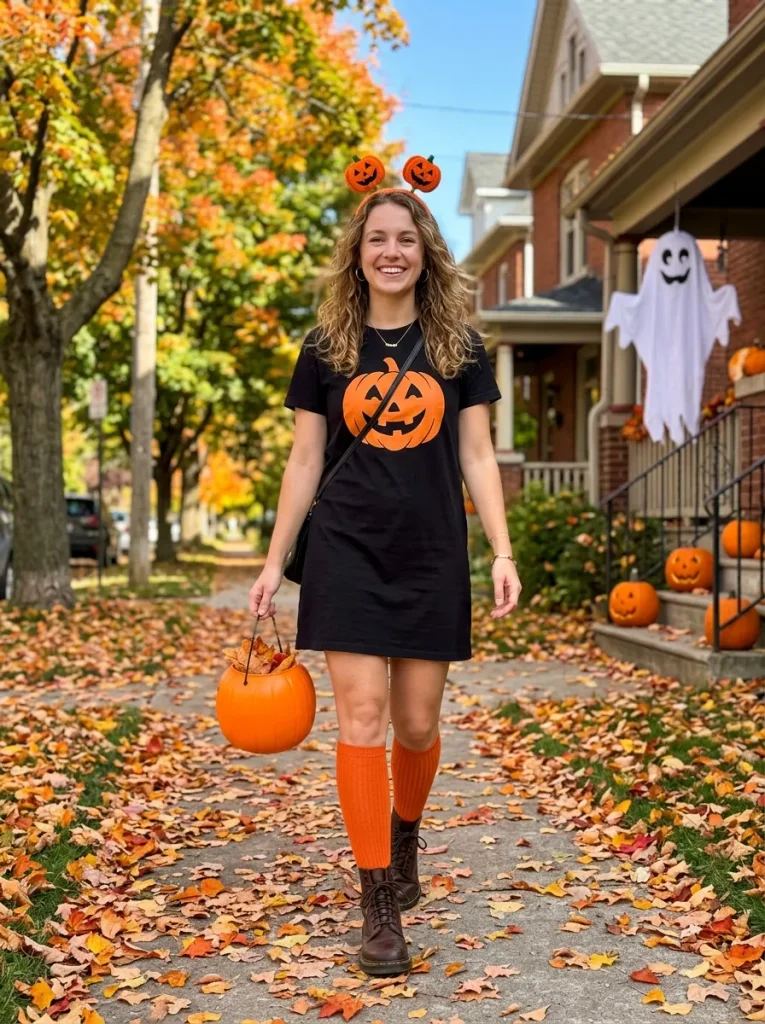 A Pumpkin Tee Dress With Orange Knee Socks